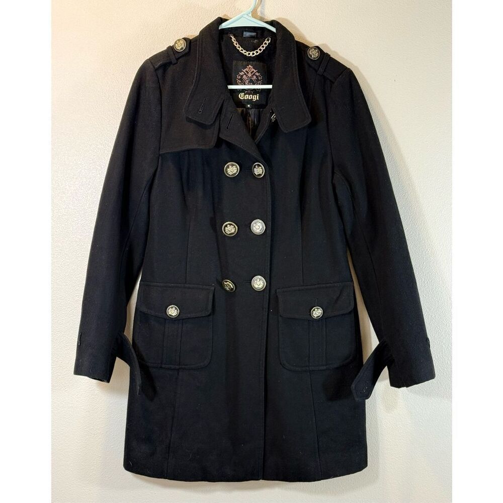 Vintage COOGI Black Wool Blend Mid Length Gold Button Pea Coat Women's Medium